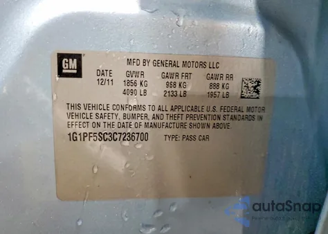 2012 Chevrolet Cruze Lt from USA, damaged, VIN 1G1PF5SC3C7236700
